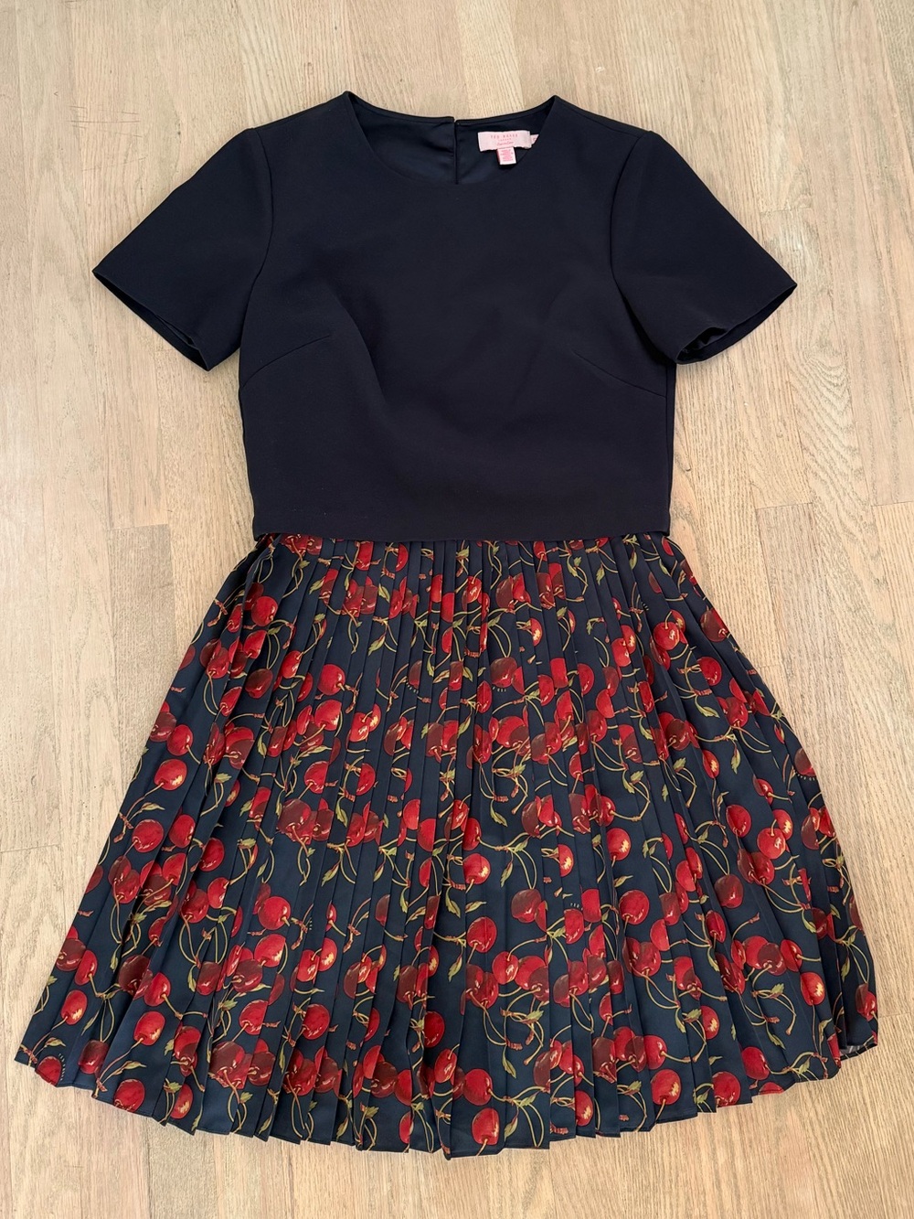 Ted Baker Navy Dress with Red Cherry Print Pleated Skirt